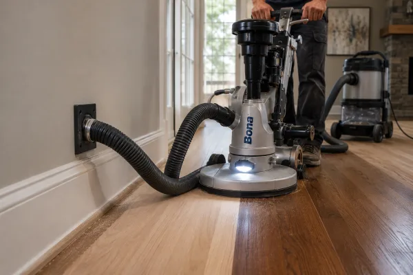 Bona dustless sander with dust-containment hose refinishing a hardwood floor