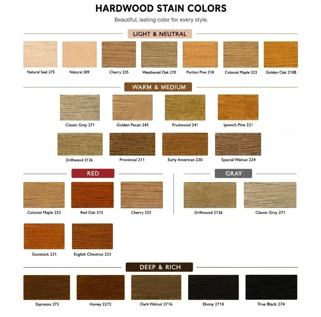Hardwood stain colors chart showing light, warm, red, gray, and deep rich wood stain options