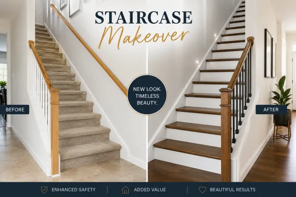 Before and after staircase makeover replacing carpet with hardwood treads and risers