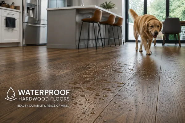 Water beading on waterproof hardwood flooring in a modern kitchen with a dog walking across