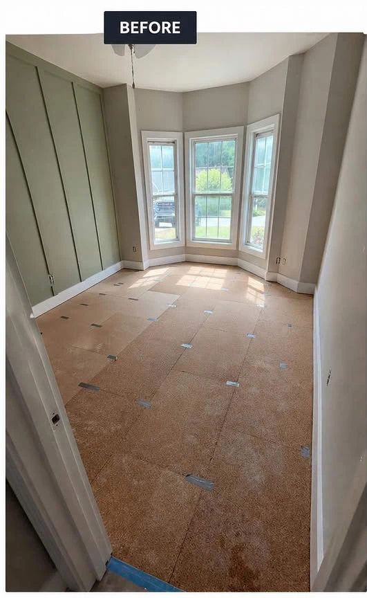 Bedroom subfloor before new hardwood flooring installation