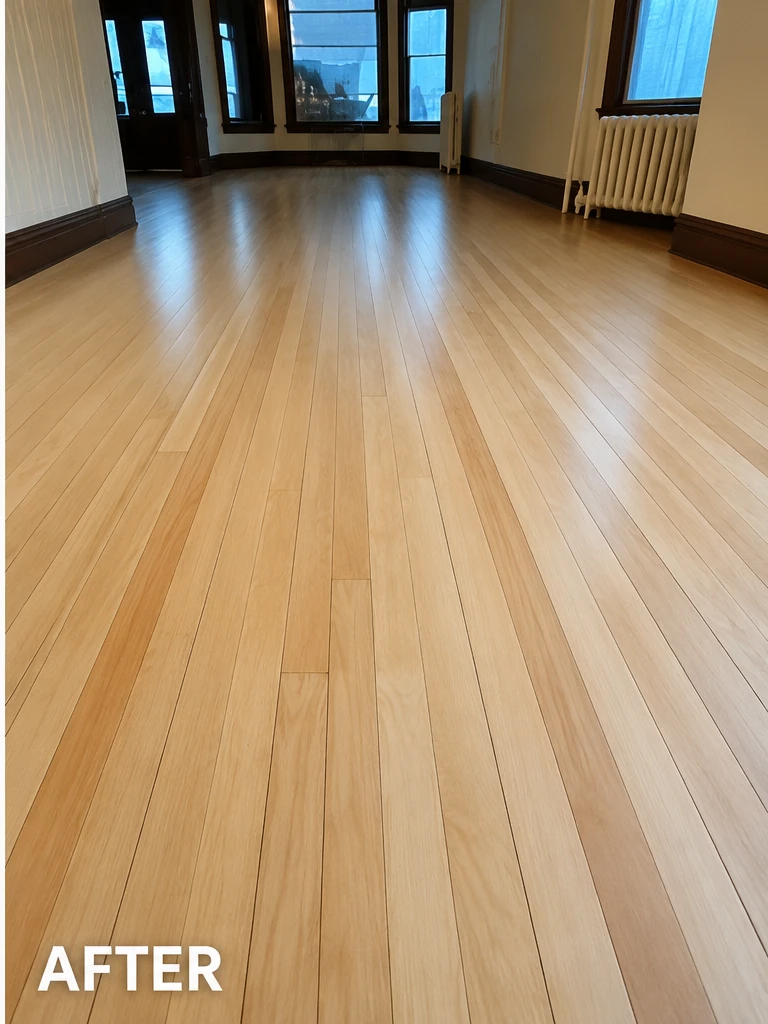 Bright, refinished hardwood floor after sanding and finishing
