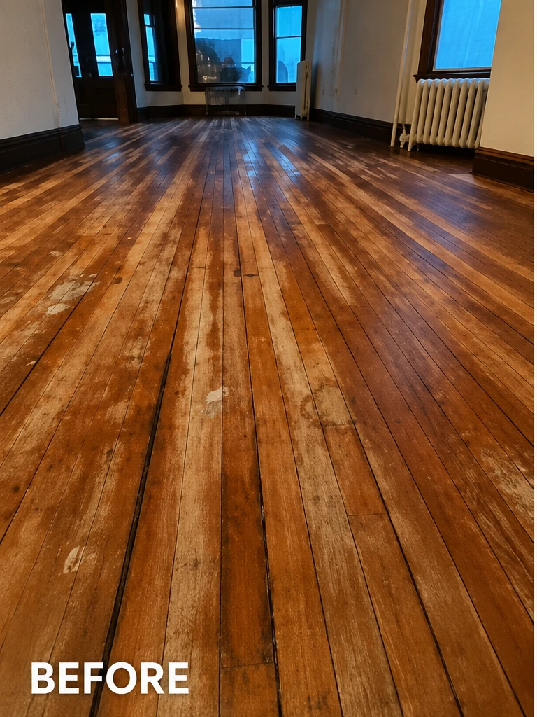 Worn, dark hardwood floor before refinishing