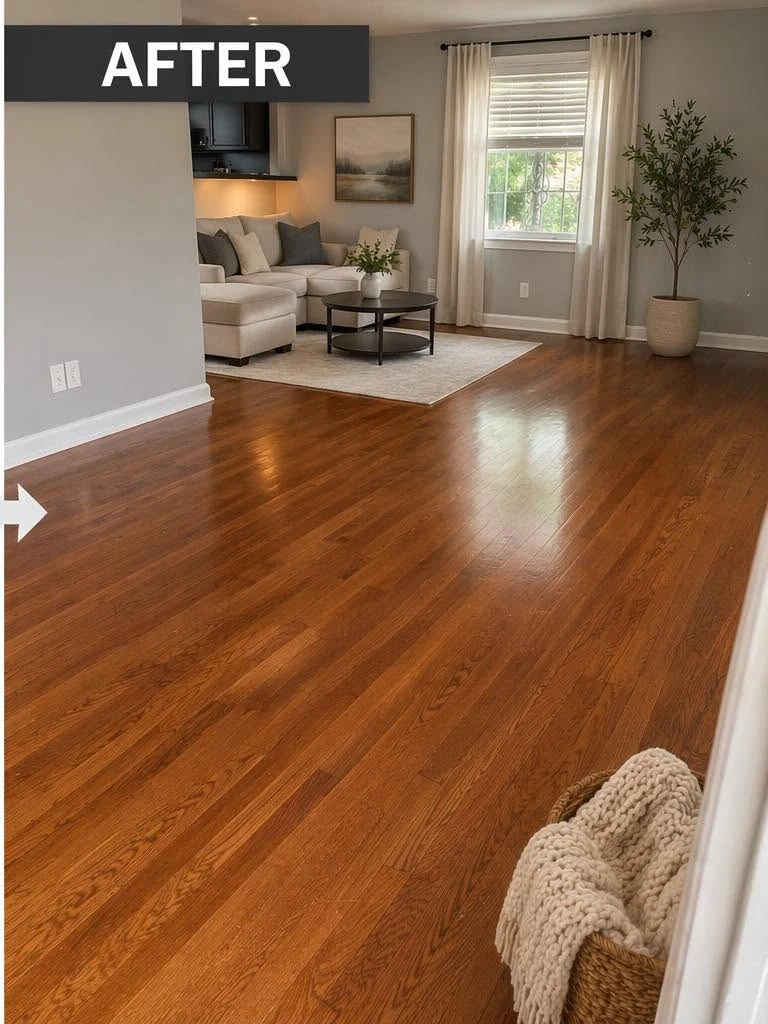 Rich, glossy hardwood living room floor after restoration