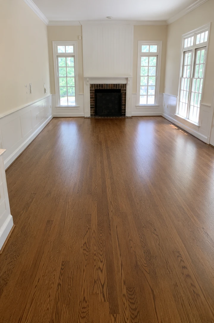 Finished living room with refinished oak hardwood flooring