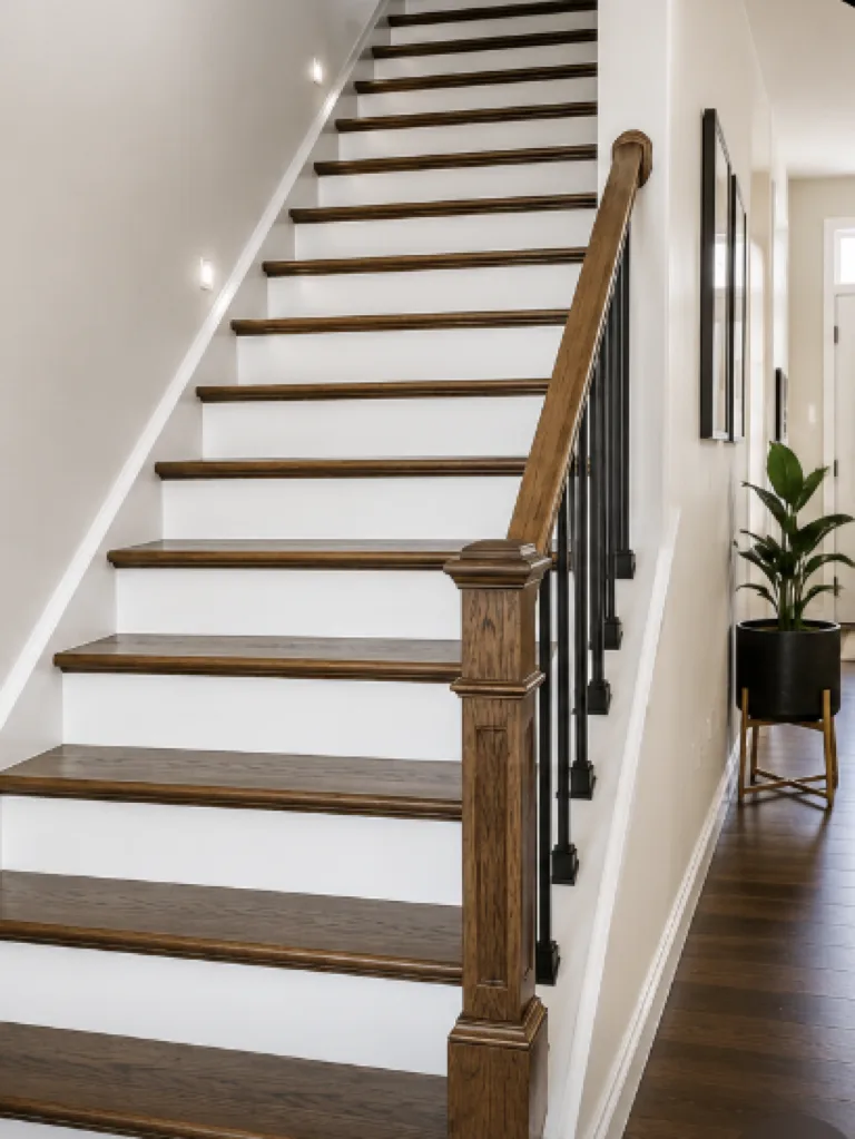 Refinished hardwood staircase with new wood treads and iron balusters
